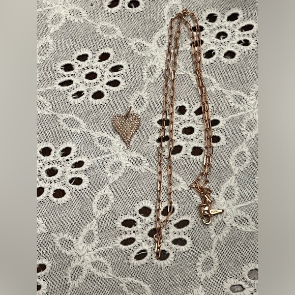 Shy creations 14k rose gold paper clip pave diamond elongated heart necklace - Picture 5 of 16